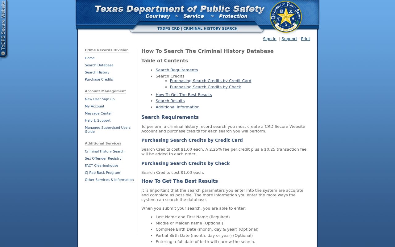 Jefferson County criminal history users reviewing Texas DPS name-search instructions