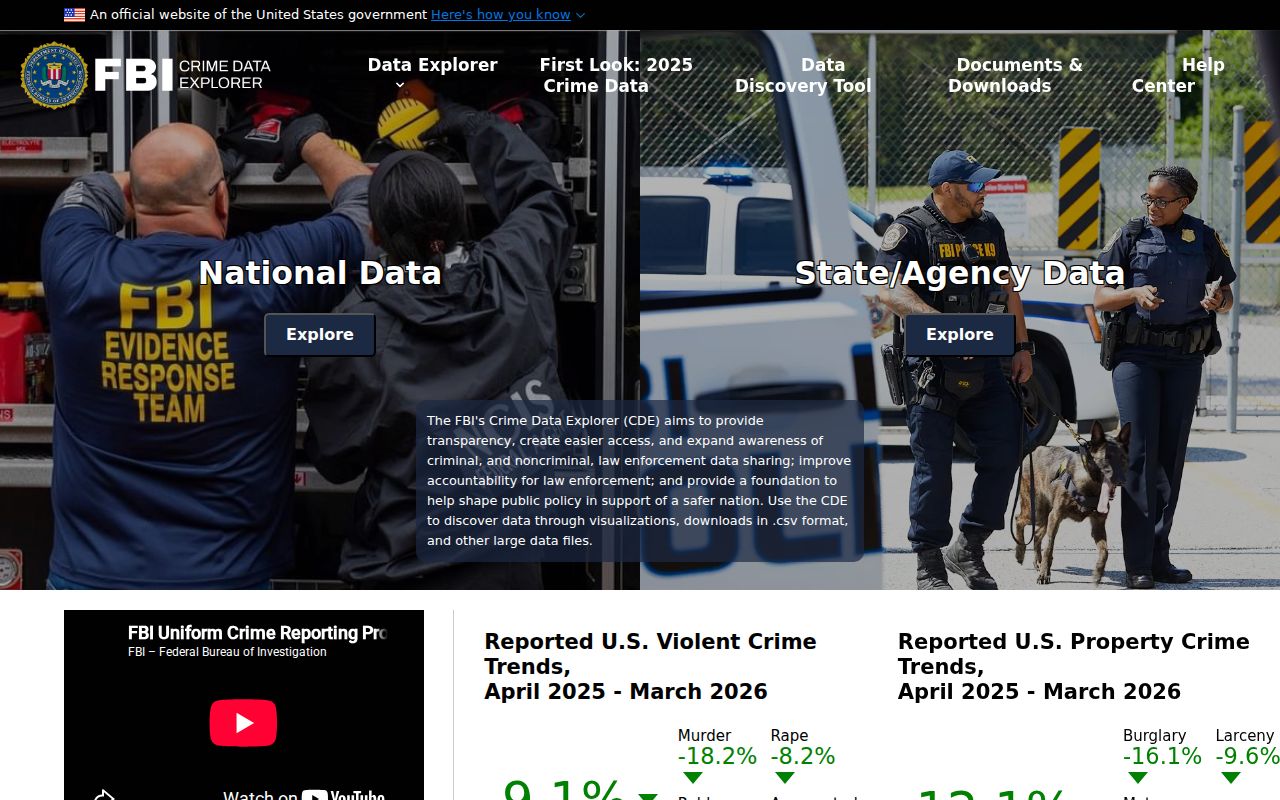 Jefferson County criminal record statistics interface in the FBI Crime Data Explorer