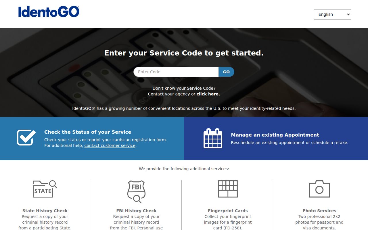 Jefferson County criminal record self-review service-code screen at IdentoGO