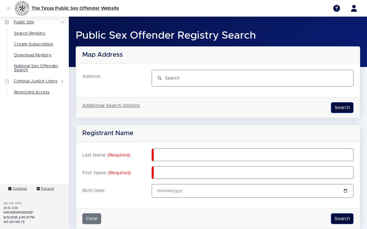 Jefferson County sex offender check on the Texas registry search form